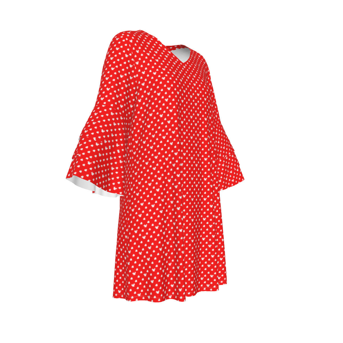 Red With White Mickey Polka Dots Women's Stacked Ruffle Sleeve Dress