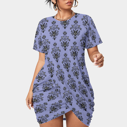 Haunted Mansion Wallpaper Women’s Plus Size Stacked Hem Dress With Short Sleeve