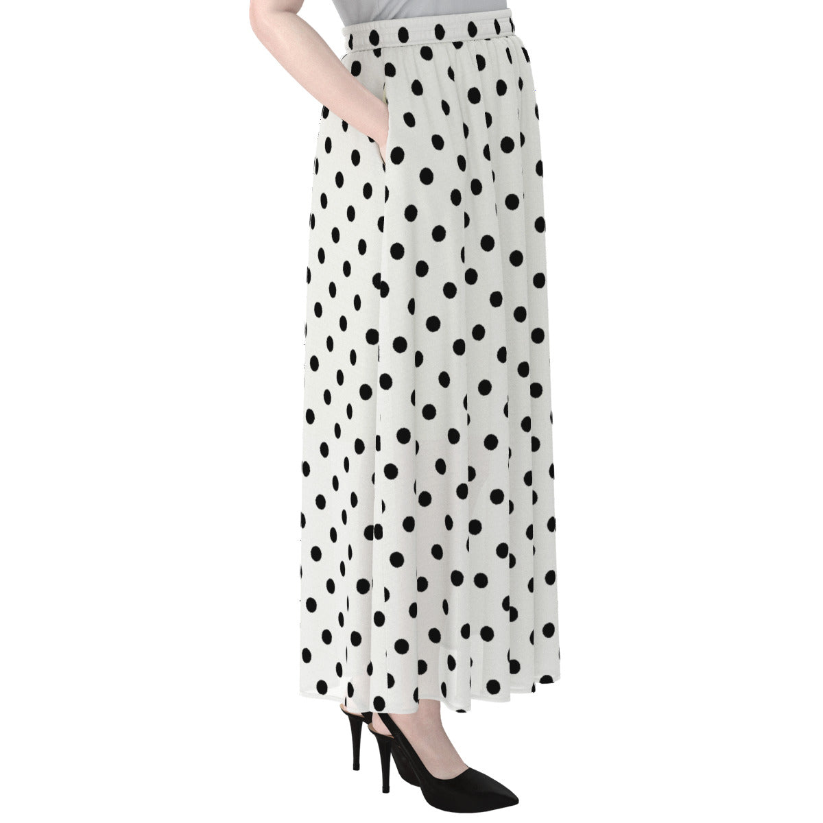 White With Black Polka Dots Women's Maxi Chiffon Skirt