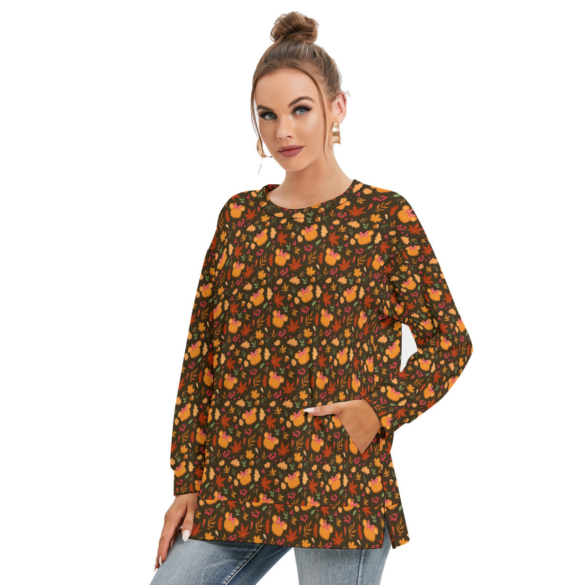 Fall Pumpkins Women's Side Split O-neck Sweatshirt With Pockets