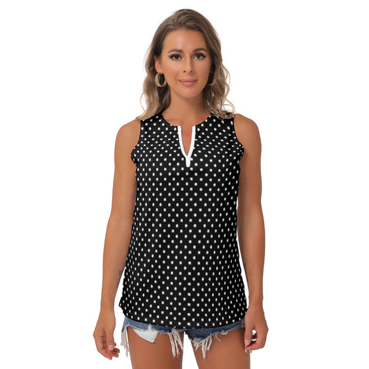 Black With White Polka Dots Women's Sleeveless V-Neck Top