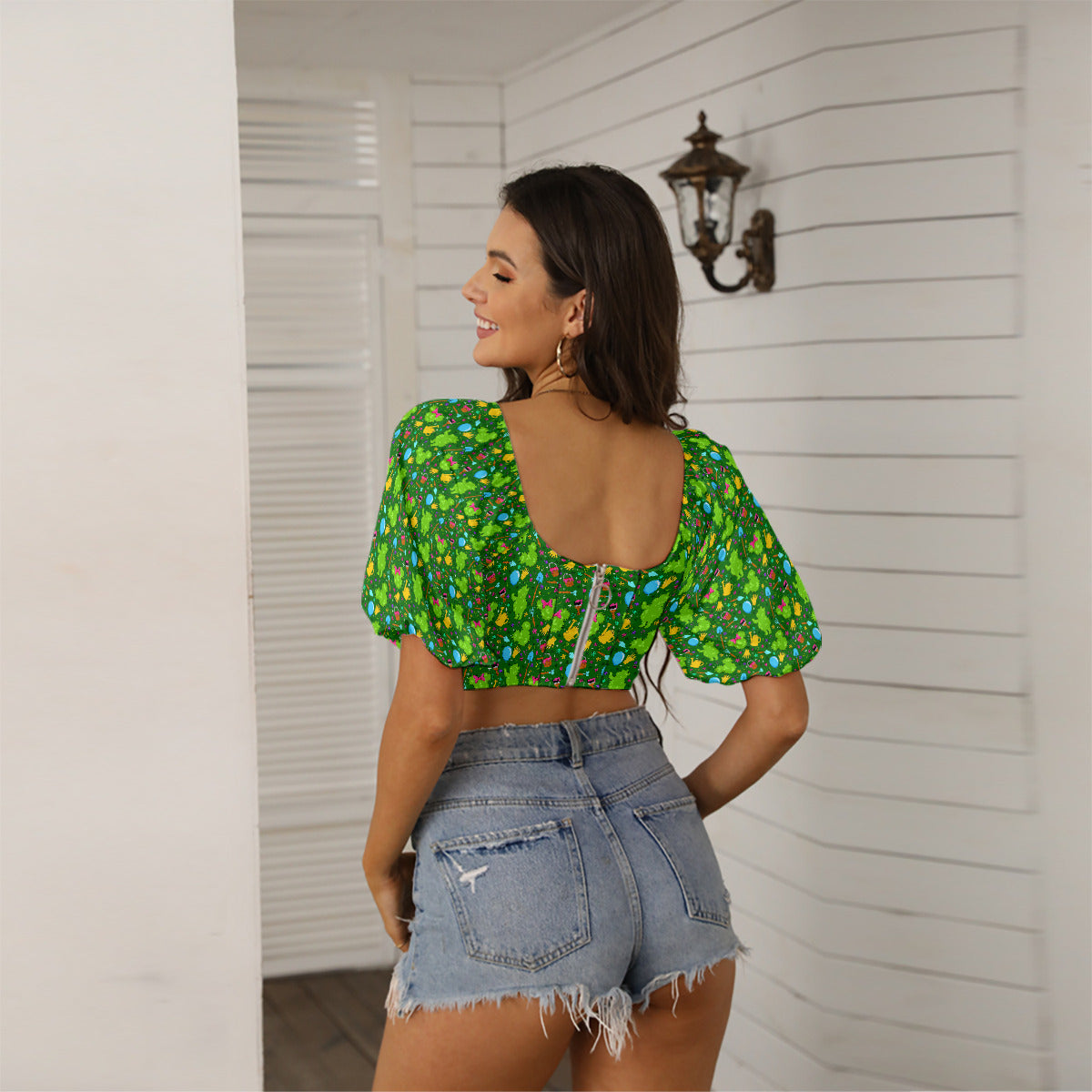 Flower And Garden Women's Square Collar Cropped Top With Puff Sleeve