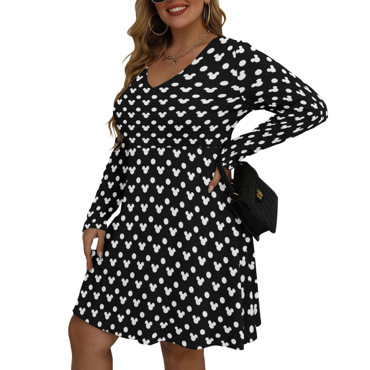 Black With White Mickey Polka Dots Plus Size Women's V-neck Long Sleeve Dress