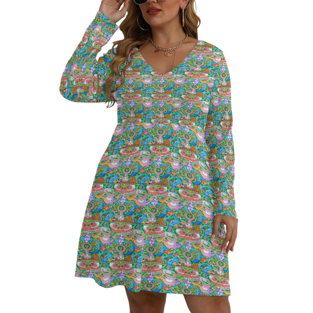 Park Map Plus Size Women's V-neck Long Sleeve Dress