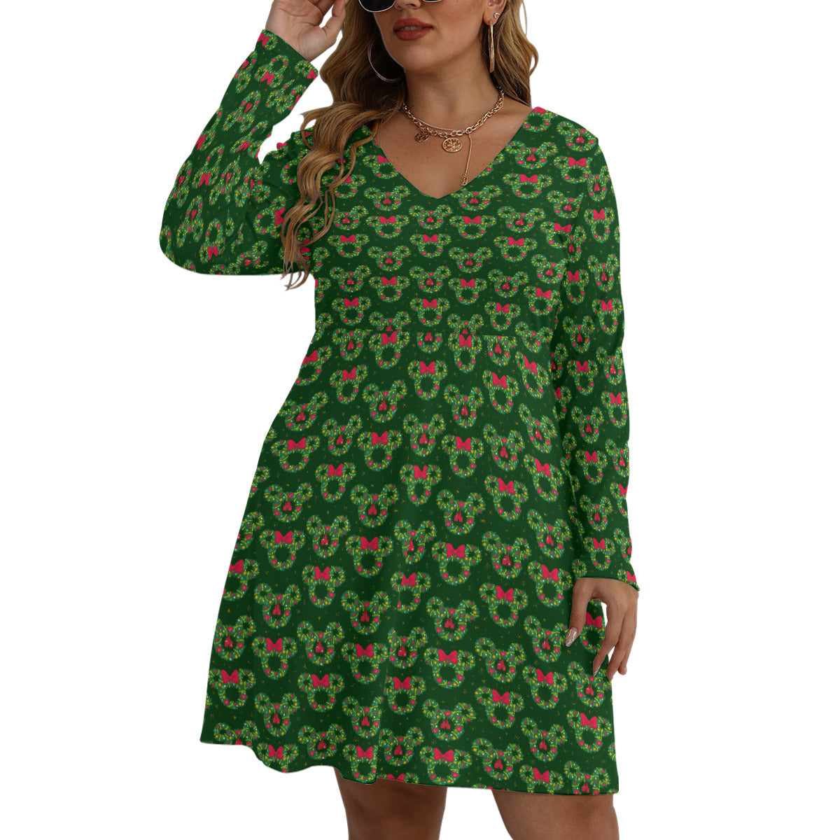 Christmas Wreaths Plus Size Women's V-neck Long Sleeve Dress