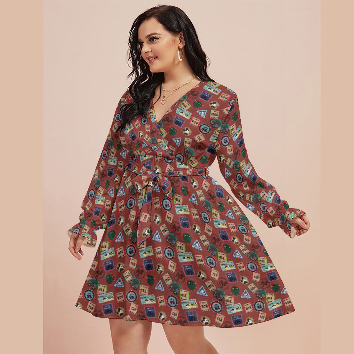 All-Over Print Women's V-neck Dress With Waistband(Plus Size)
