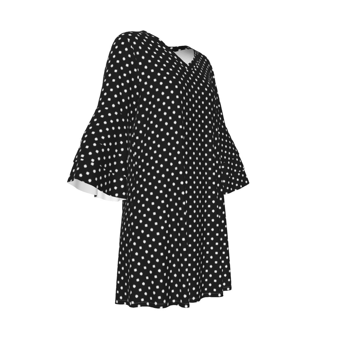 Black With White Polka Dots Women's Stacked Ruffle Sleeve Dress