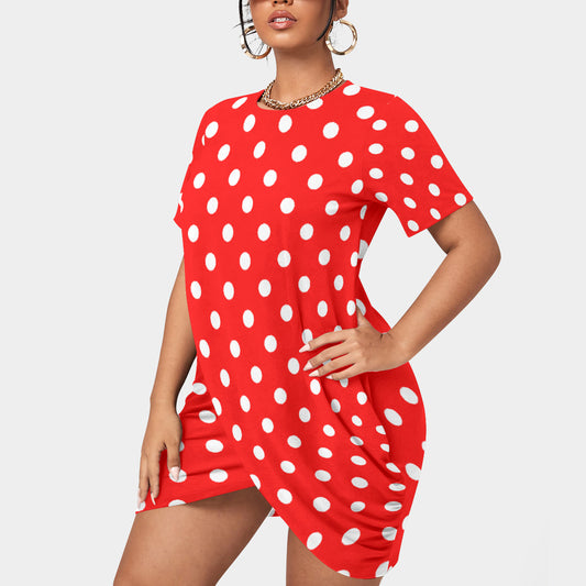 Red With White Polka Dots Women’s Plus Size Stacked Hem Dress With Short Sleeve