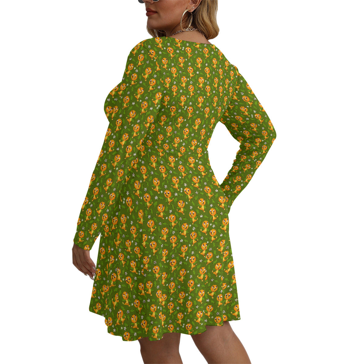 Orange Bird Plus Size Women's V-neck Long Sleeve Dress