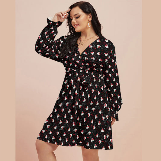 Mickey And Minnie Dots Women's Plus Size V-neck Dress With Waistband