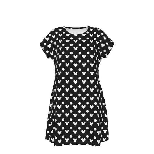 Black With White Mickey Polka Dot Print Women's Short Sleeve Dress