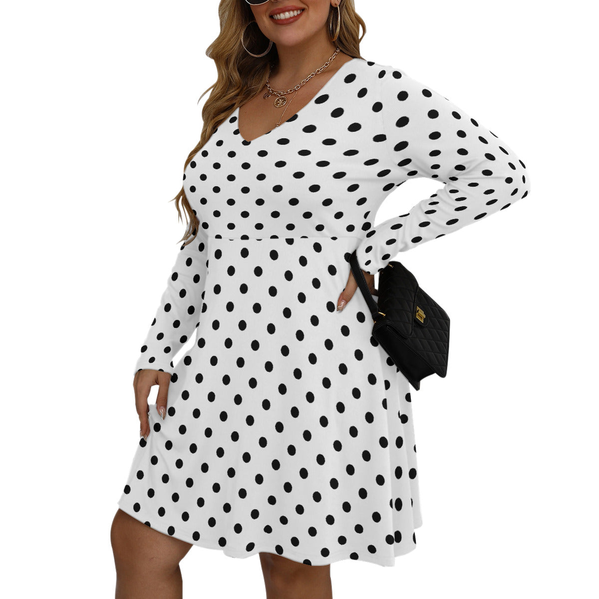 White With Black Polka Dots Plus Size Women's V-neck Long Sleeve Dress