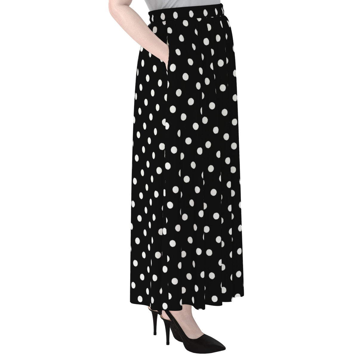 Black With White Polka Dots Women's Maxi Chiffon Skirt