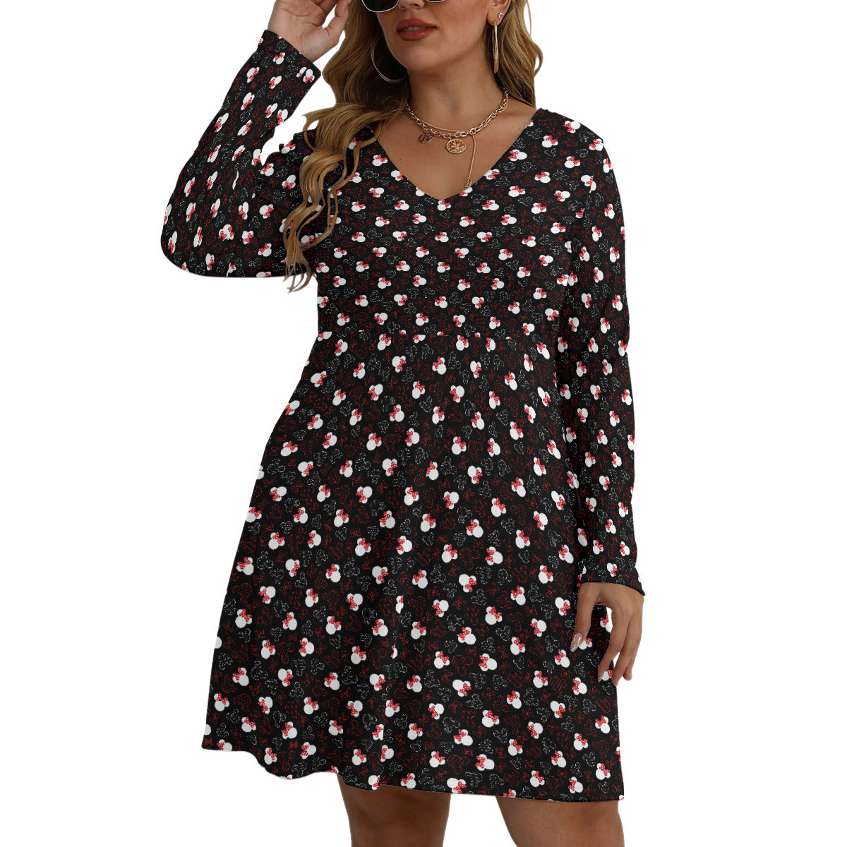 Mickey And Minnie Dots Plus Size Women's V-neck Long Sleeve Dress