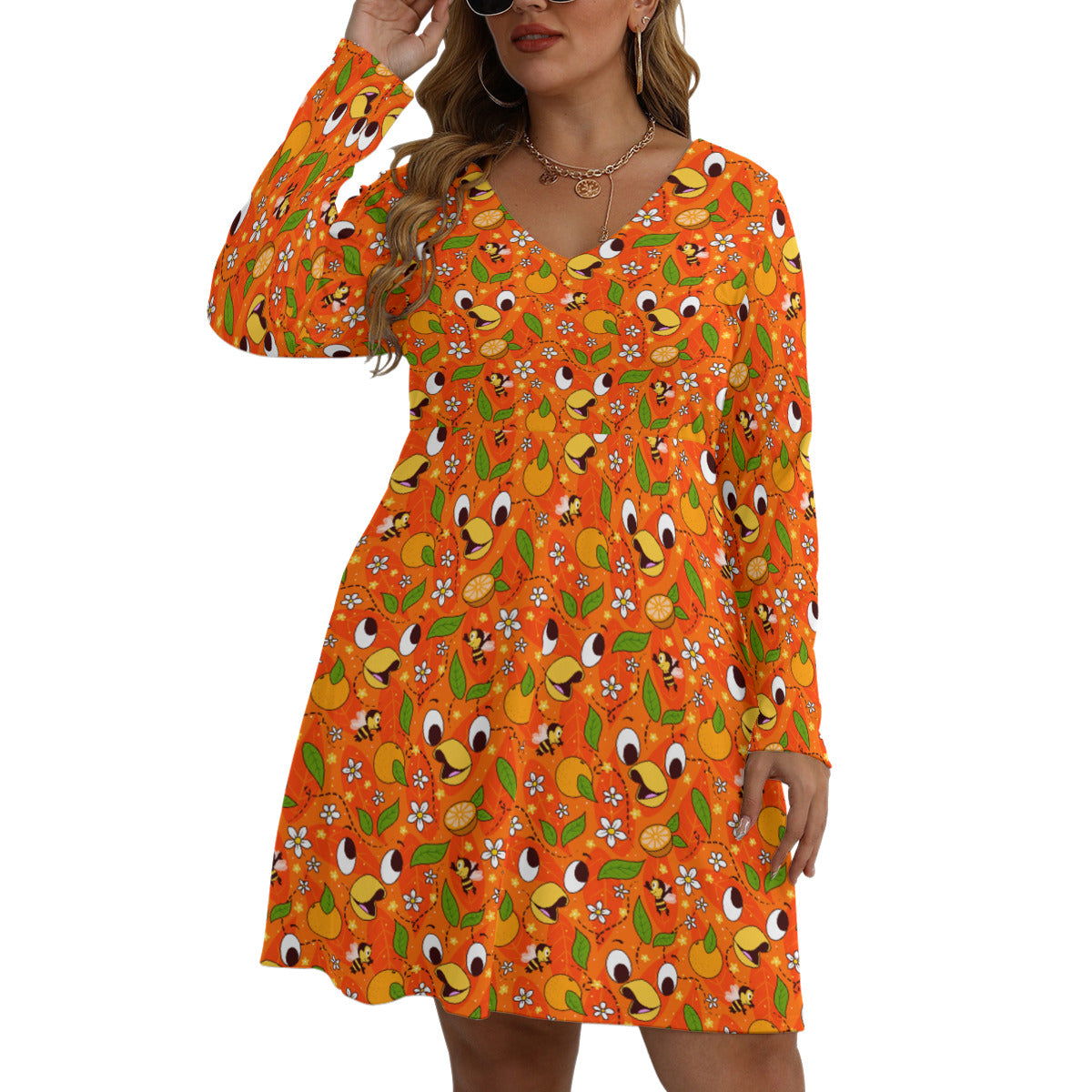 Orange Bird Plus Size Women's V-neck Long Sleeve Dress