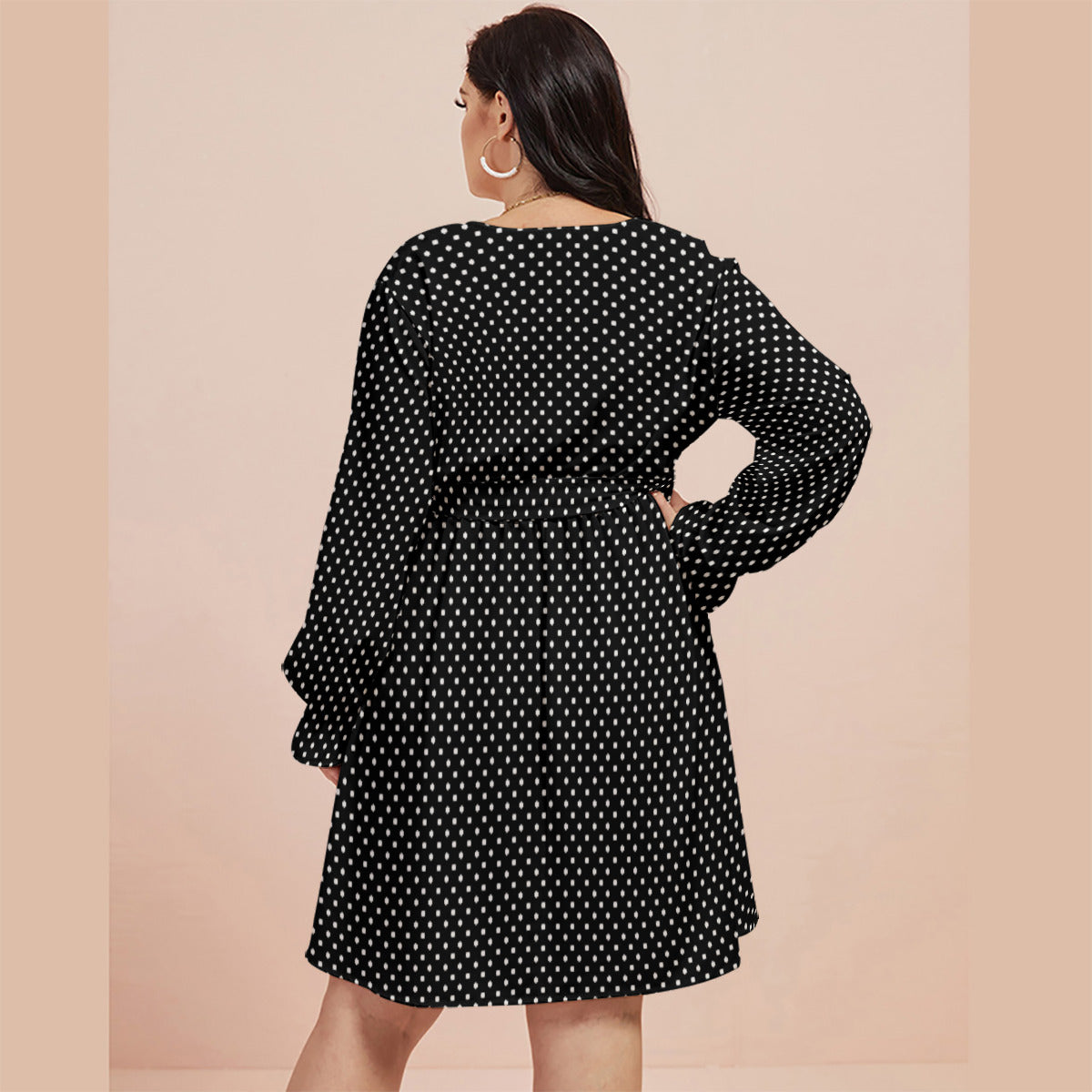 Black With White Polka Dots Women's Plus Size V-neck Dress With Waistband