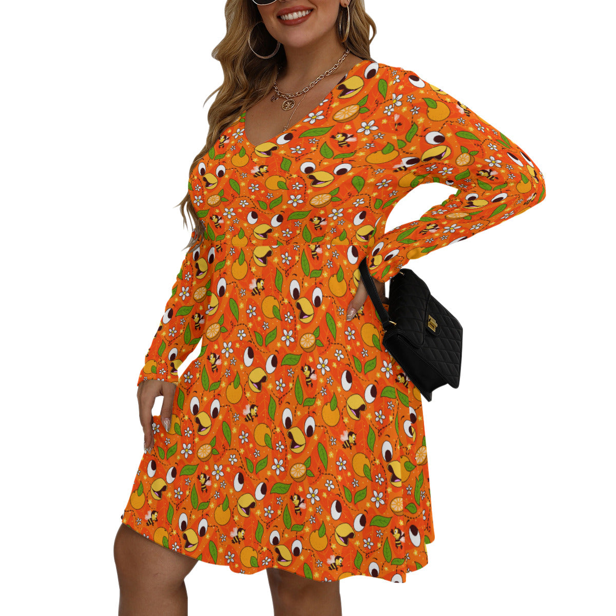 Orange Bird Plus Size Women's V-neck Long Sleeve Dress