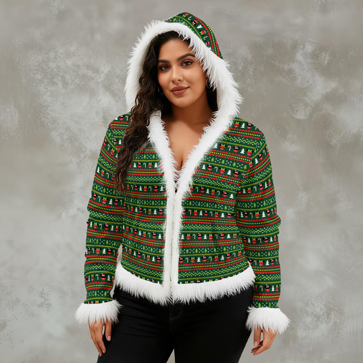 Christmas Sweater Women's Faux Fur Trim Hooded Jacket
