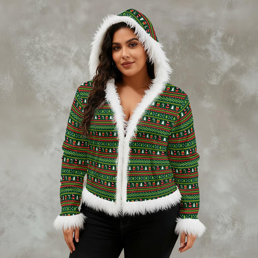 Christmas Sweater Women's Faux Fur Trim Hooded Jacket