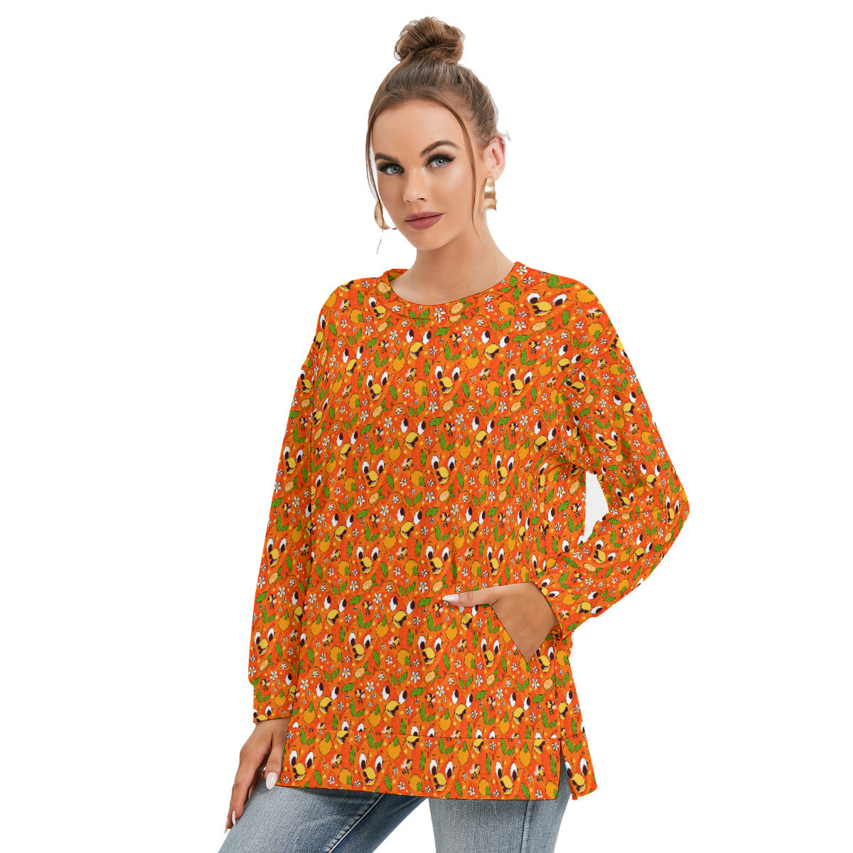 Orange Bird Women's Side Split O-neck Sweatshirt With Pockets
