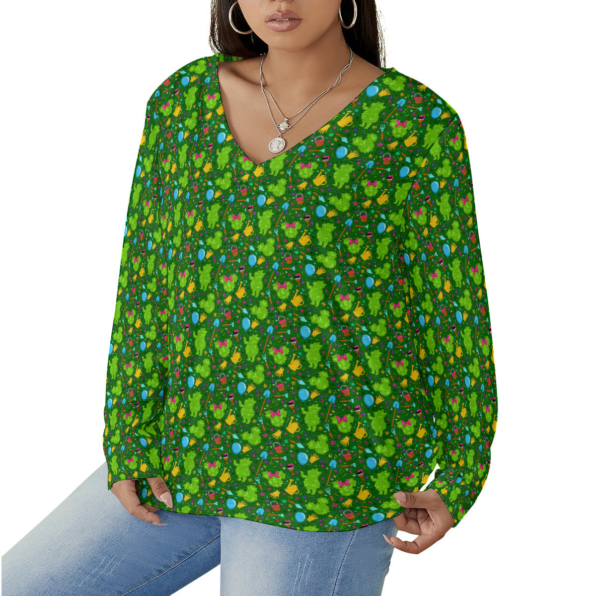 Flower And Garden Women's Plus Size V-Neck T-Shirt With Curved Hem