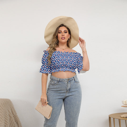 Happy Hands Women's Off-Shoulder Cropped Top With Short Puff Sleeve