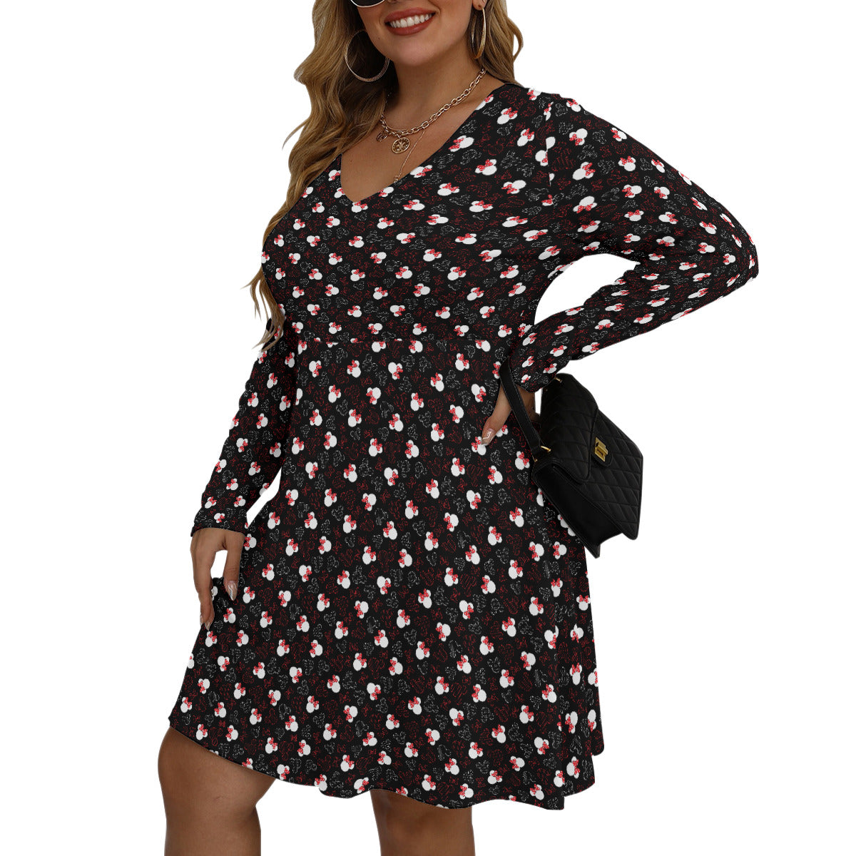 Mickey And Minnie Dots Plus Size Women's V-neck Long Sleeve Dress