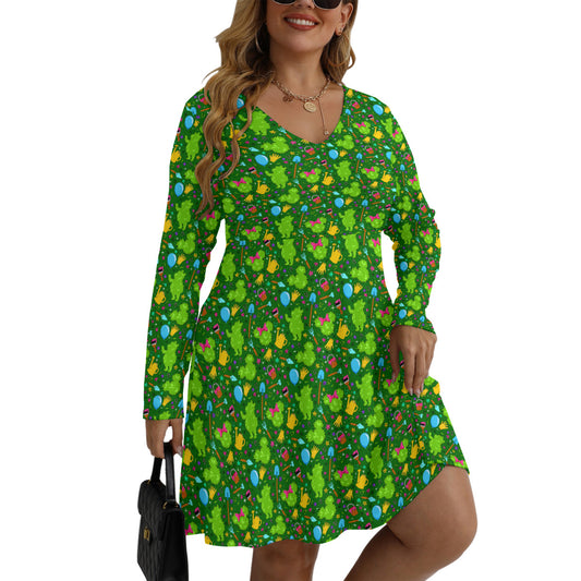 Flower And Garden Plus Size Women's V-neck Long Sleeve Dress