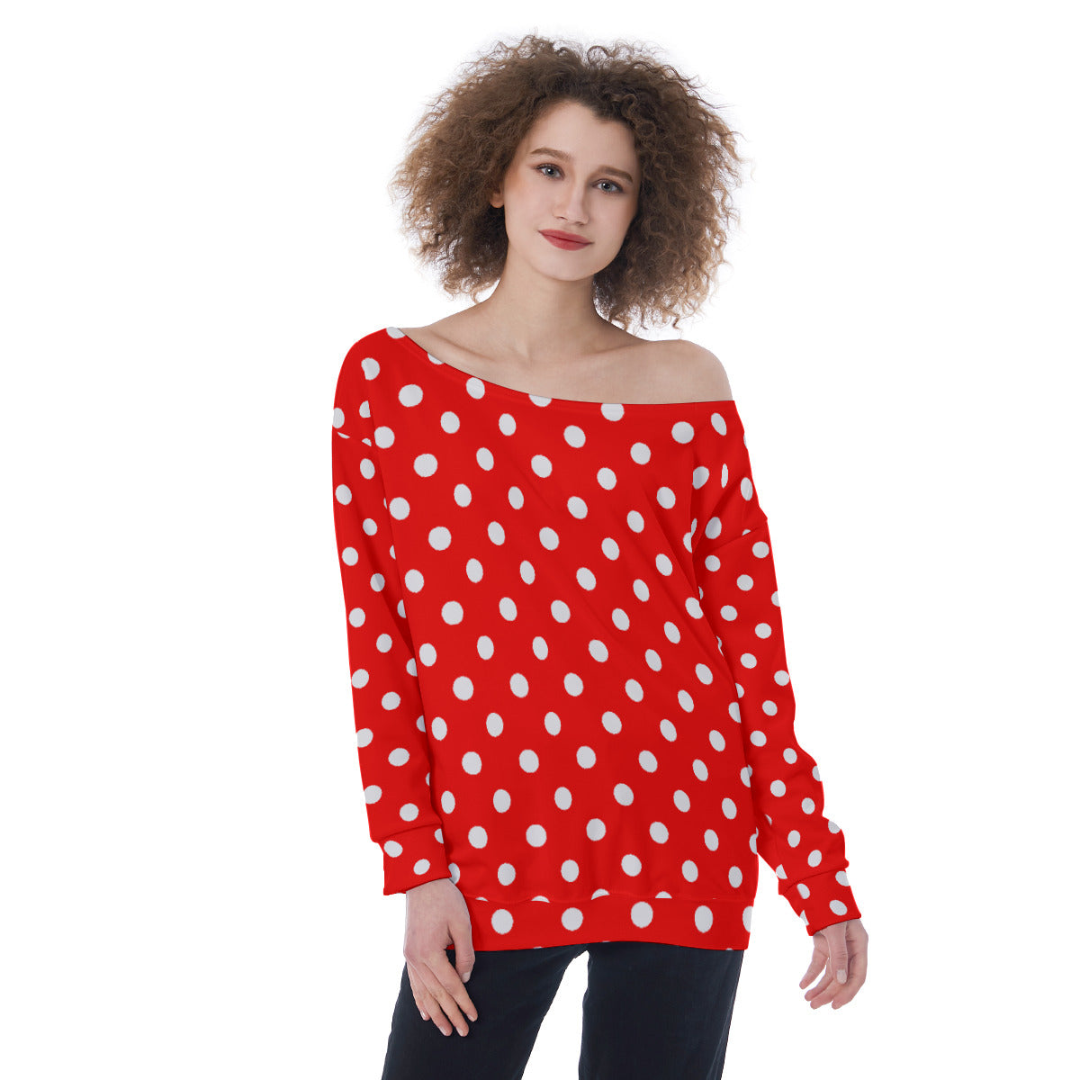 Red With White Polka Dots Oversized Women's Off-Shoulder Sweatshirt