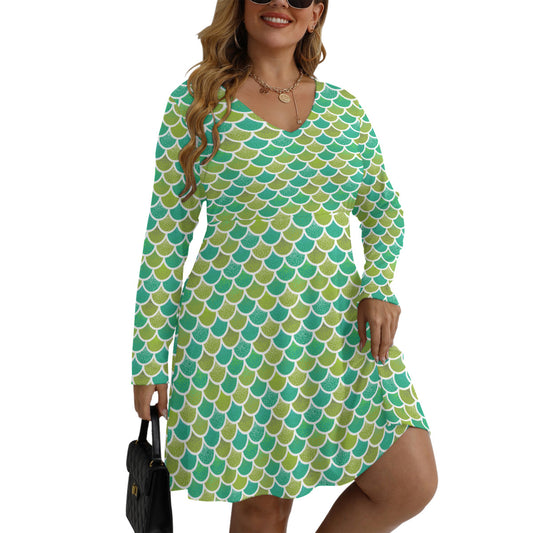 Mermaid Scales Plus Size Women's V-neck Long Sleeve Dress