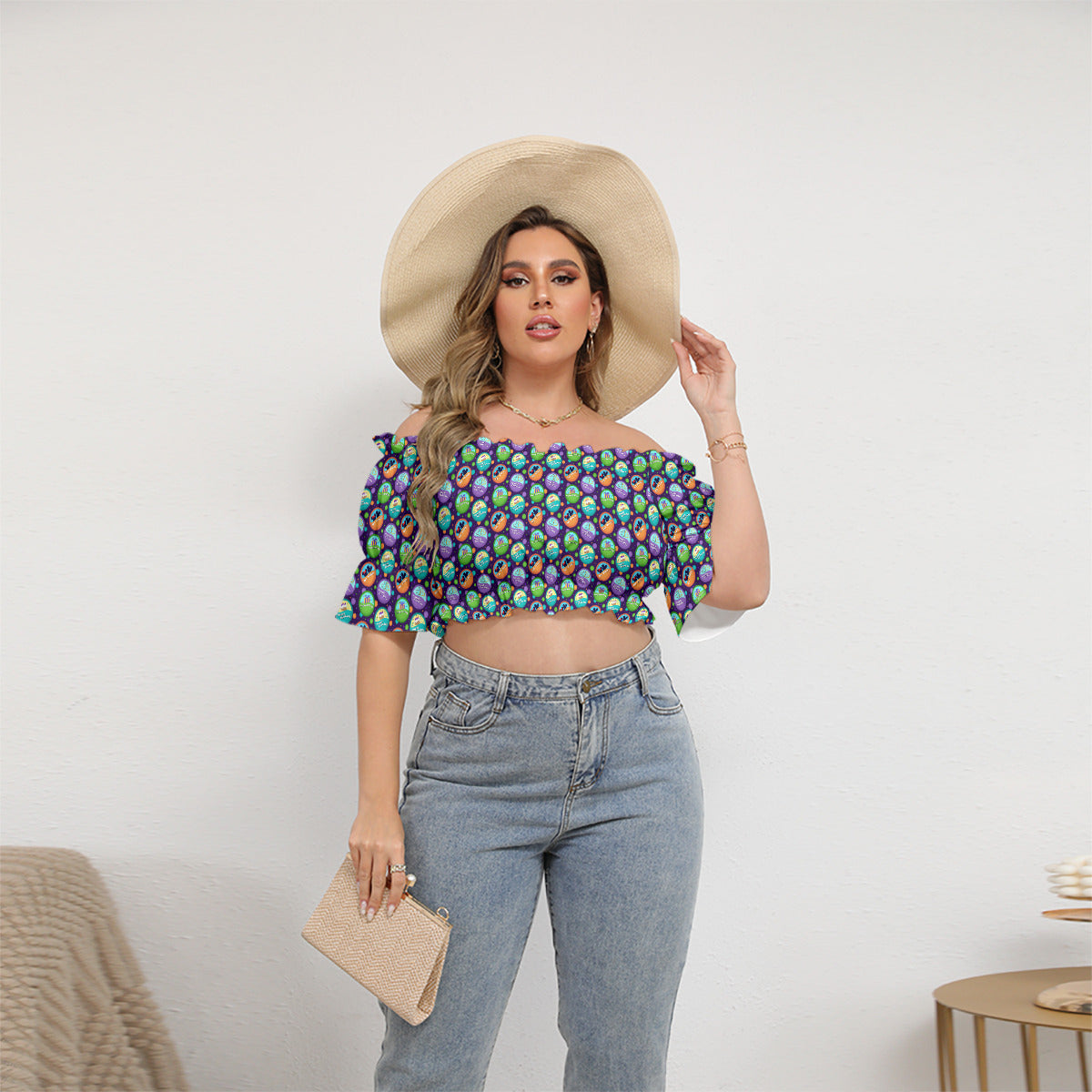 Button Collector Women's Off-Shoulder Cropped Top With Short Puff Sleeve