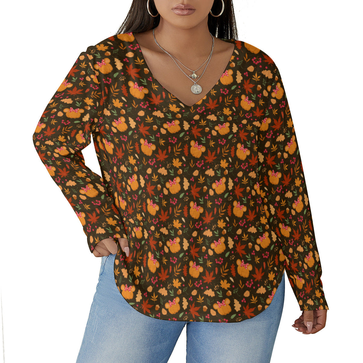 Fall Pumpkins Women's Plus Size V-Neck T-Shirt With Curved Hem