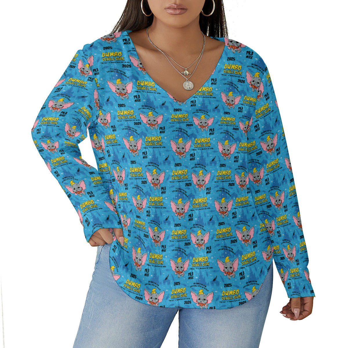 Disneyland Dumbo Double Dare Women's Plus Size V-Neck T-Shirt With Curved Hem