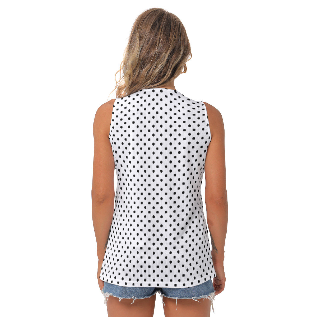 White With Black Polka Dots Women's Sleeveless V-Neck Top