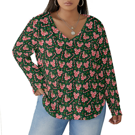 Christmas Peppermint Women's Plus Size V-Neck T-Shirt With Curved Hem