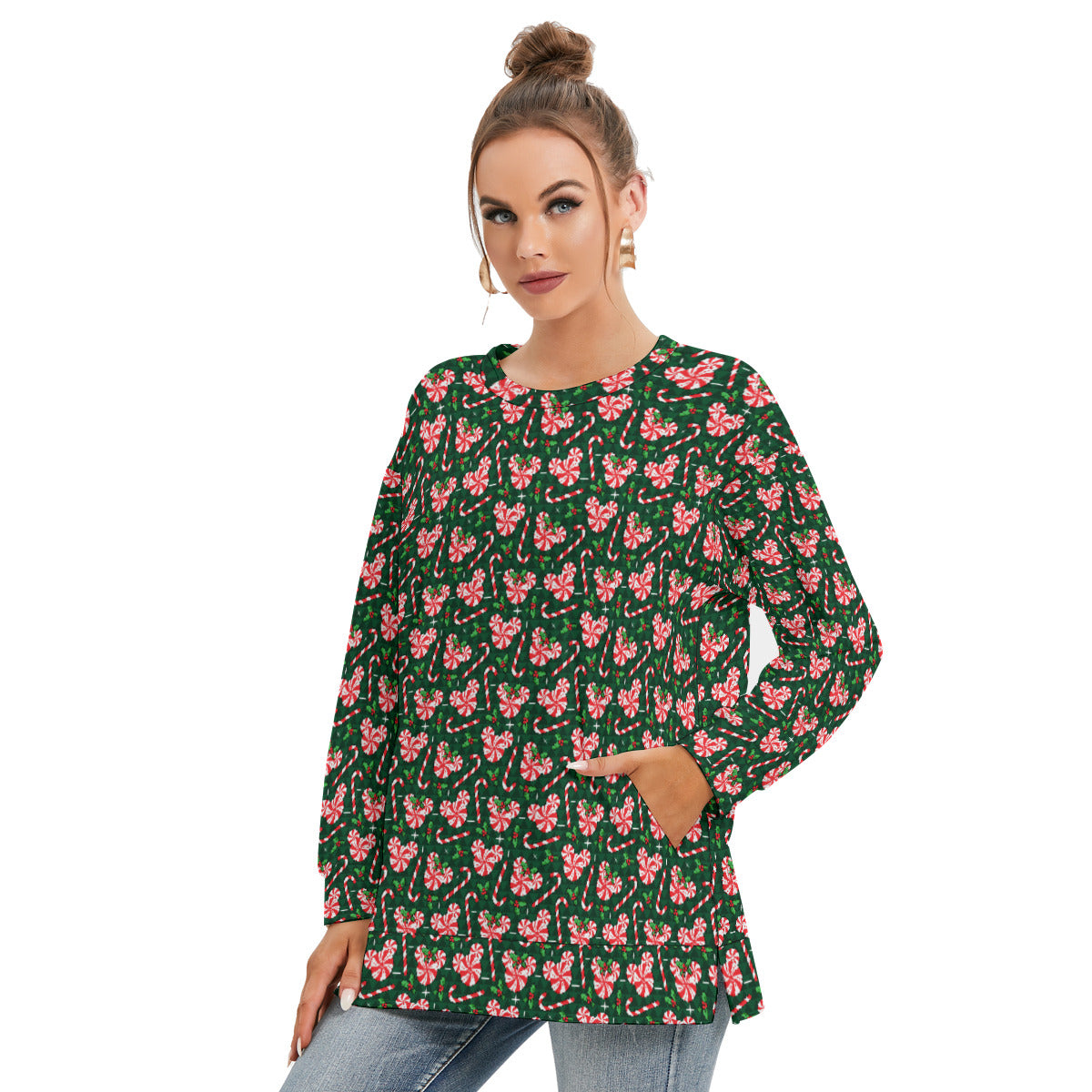 Christmas Peppermint Women's Side Split O-neck Sweatshirt With Pockets