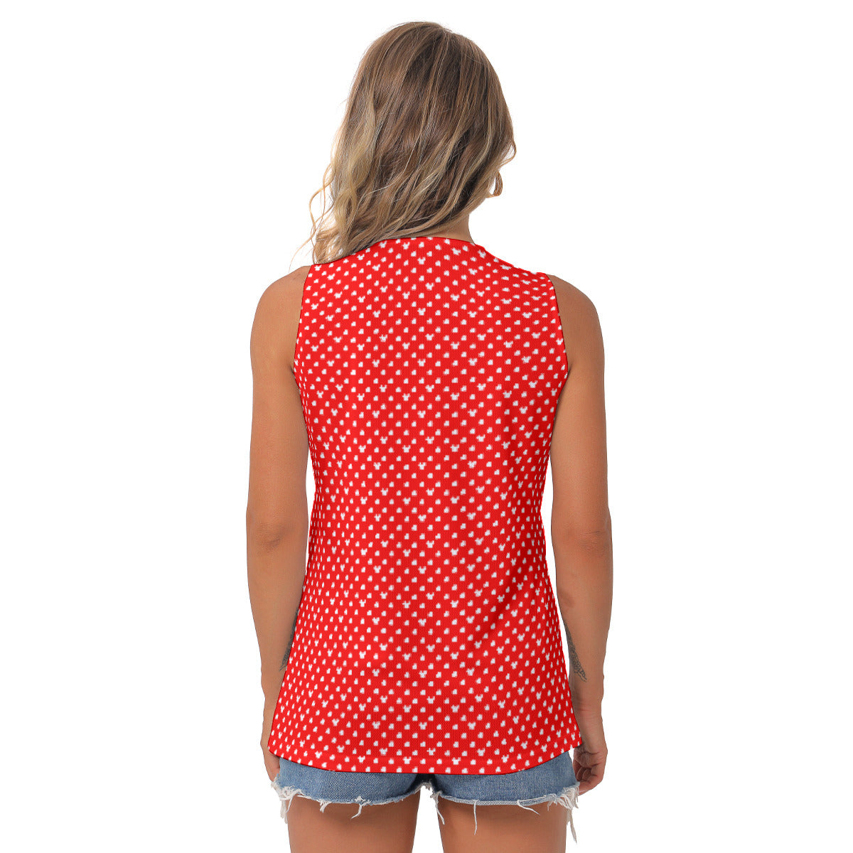 Red With White Mickey Polka Dots Women's Sleeveless V-Neck Top