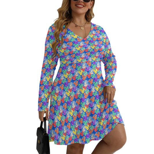 Balloon Collector Plus Size Women's V-neck Long Sleeve Dress