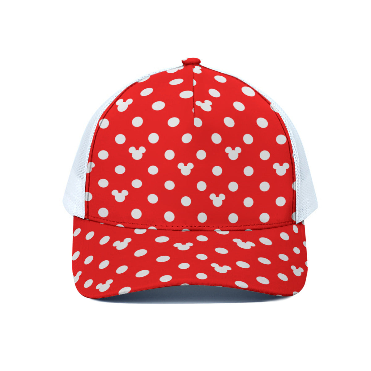 Red With White Mickey Polka Dots Unisex Trucker Hat With White Half Mesh