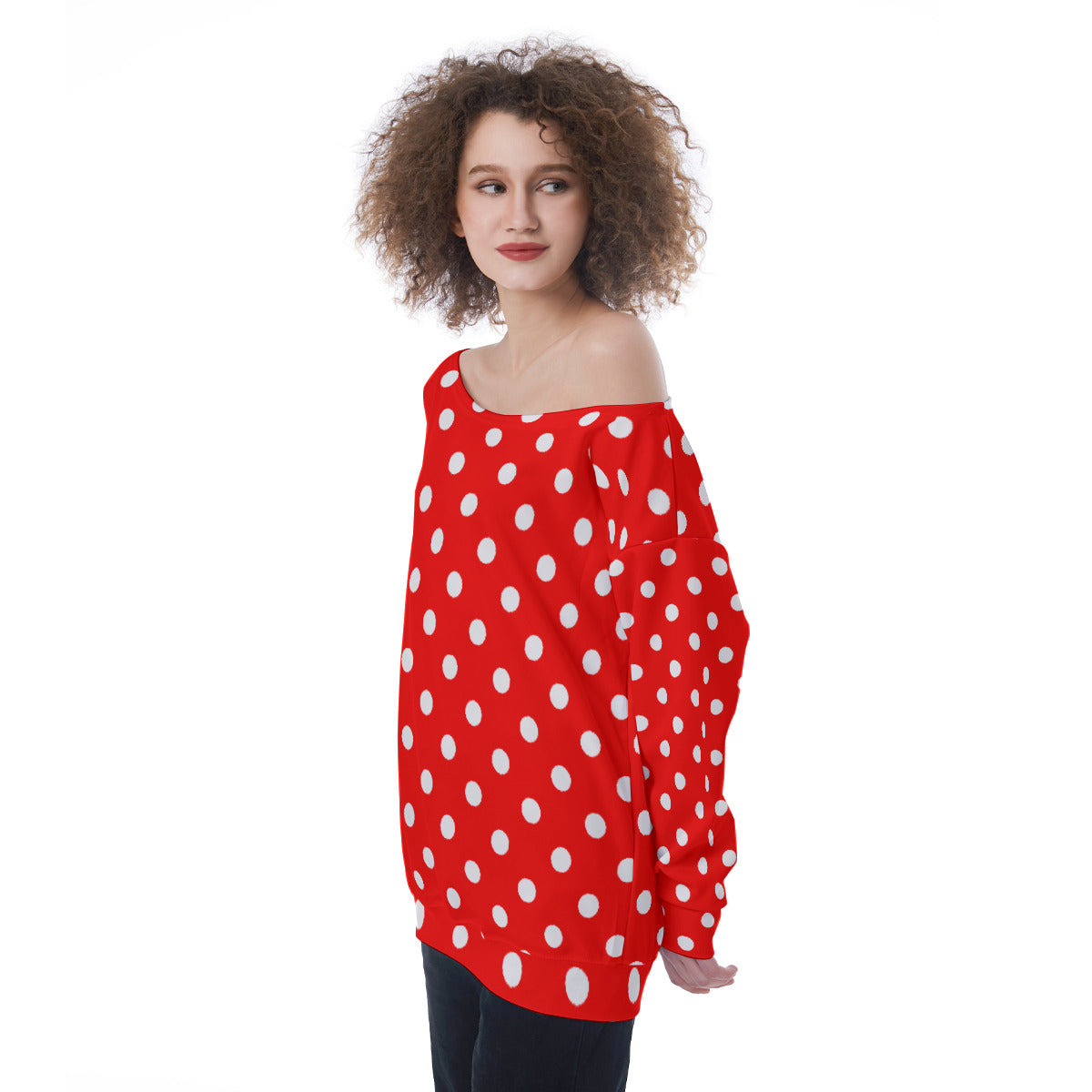 Red With White Polka Dots Oversized Women's Off-Shoulder Sweatshirt