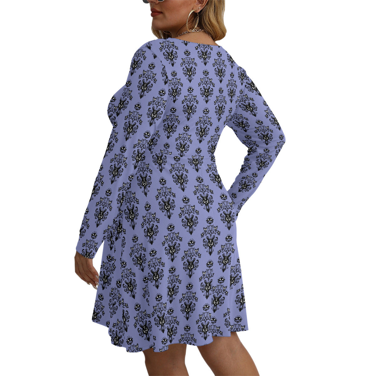 Haunted Mansion Wallpaper Plus Size Women's V-neck Long Sleeve Dress