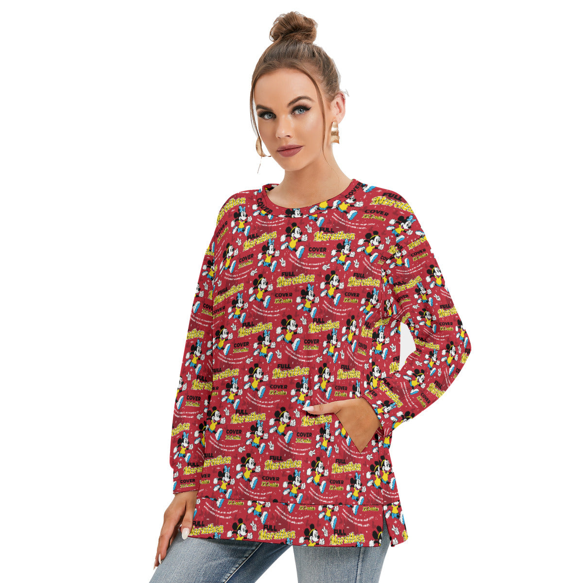 Mickey And Minnie Marathon Women's Side Split O-neck Sweatshirt With Pockets