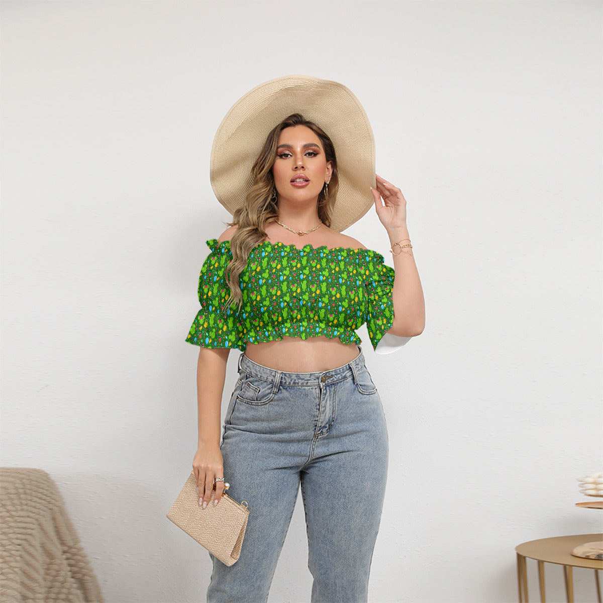 Flower And Garden Women's Off-Shoulder Cropped Top With Short Puff Sleeve