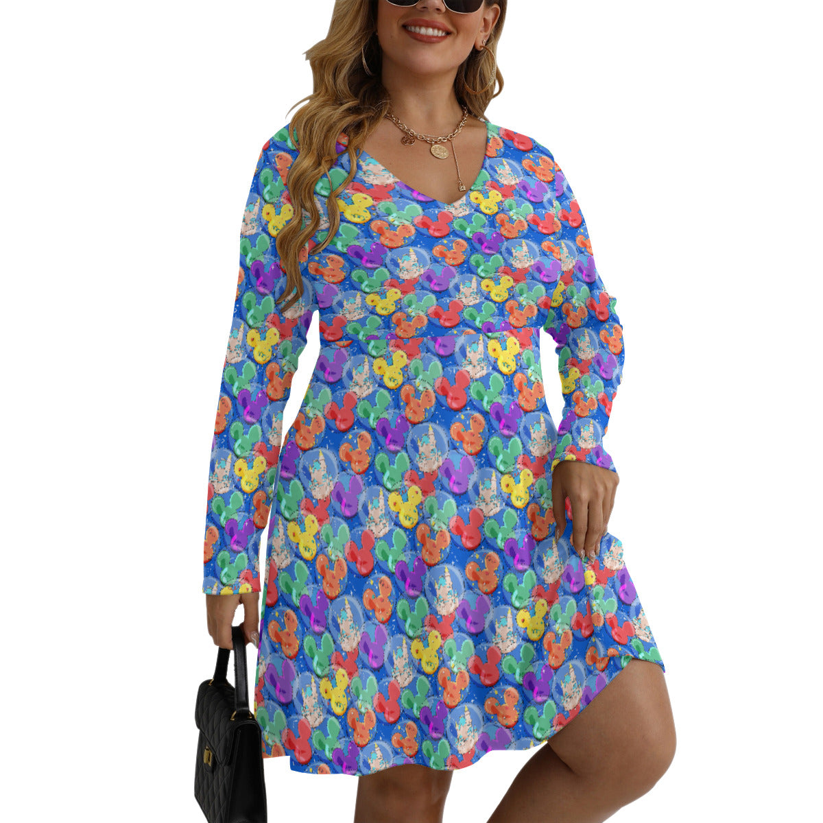 Balloon Collector Plus Size Women's V-neck Long Sleeve Dress