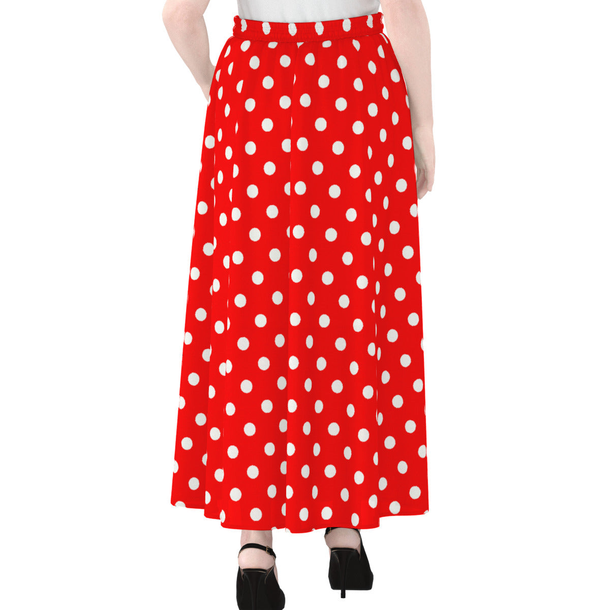 Red With White Polka Dots Women's Maxi Chiffon Skirt