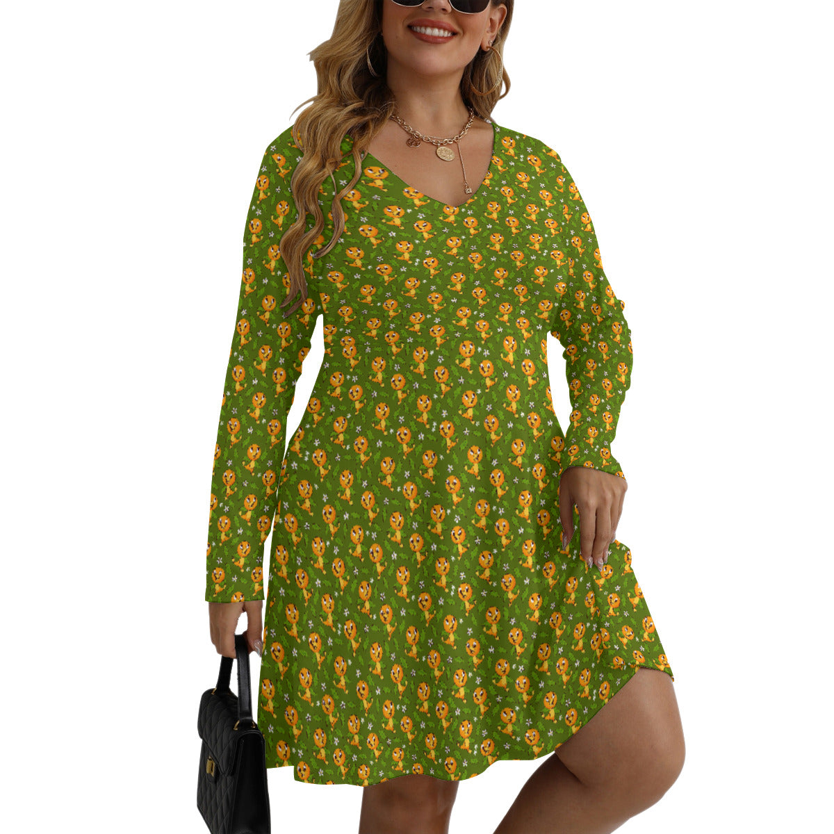 Orange Bird Plus Size Women's V-neck Long Sleeve Dress