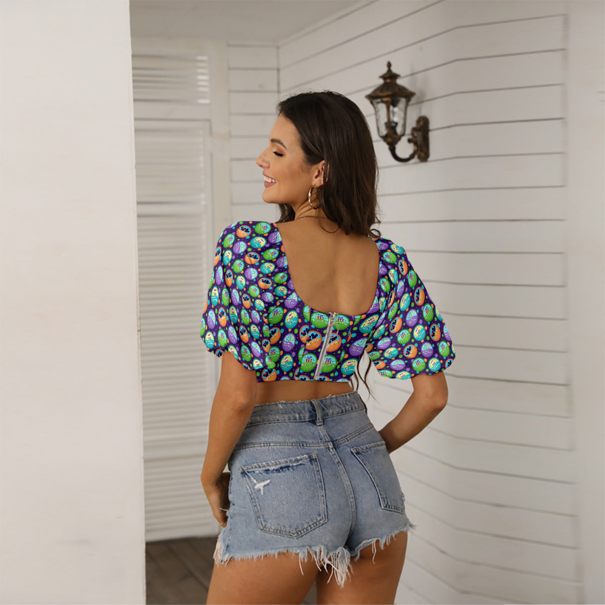 Button Collector Women's Square Collar Cropped Top With Puff Sleeve