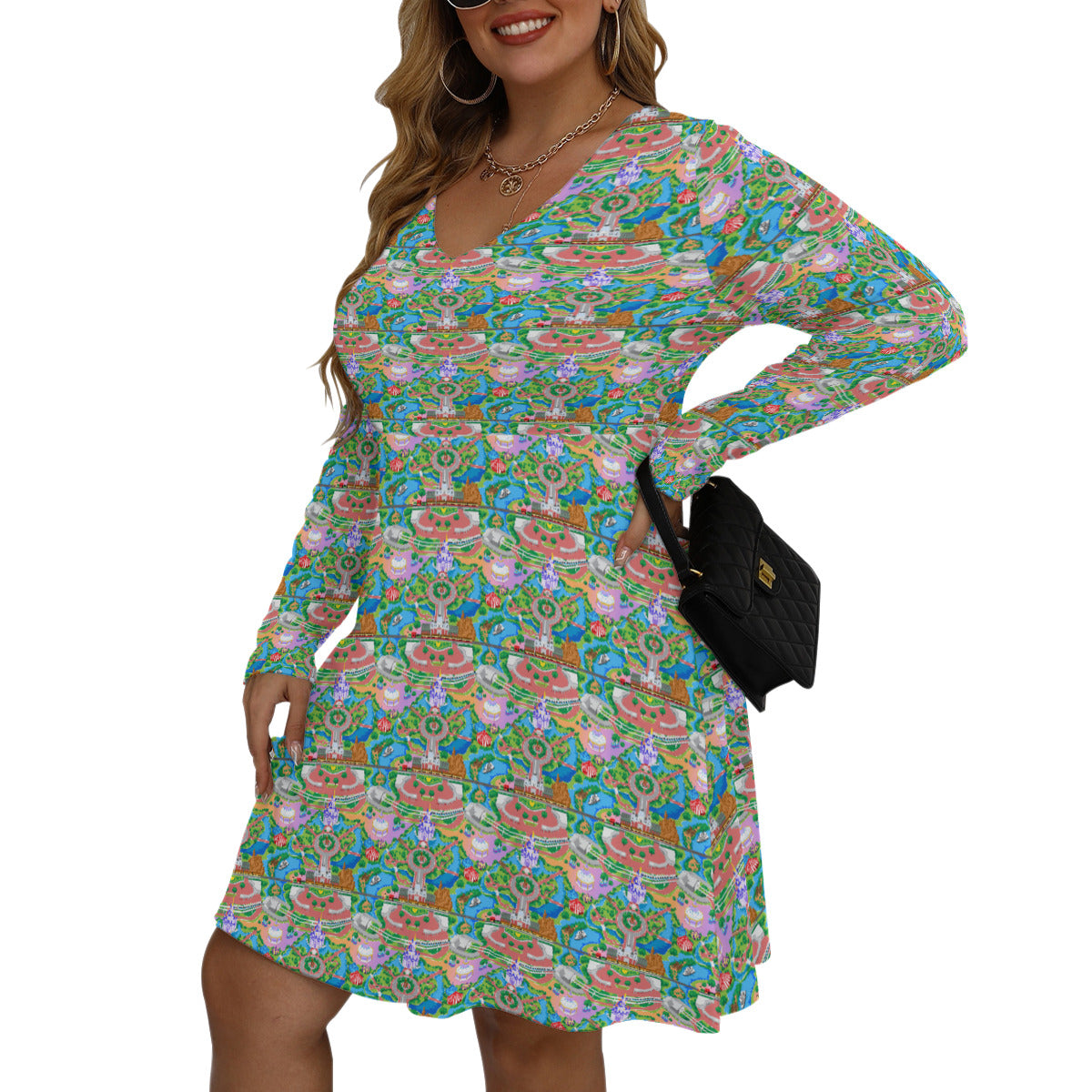 Park Map Plus Size Women's V-neck Long Sleeve Dress