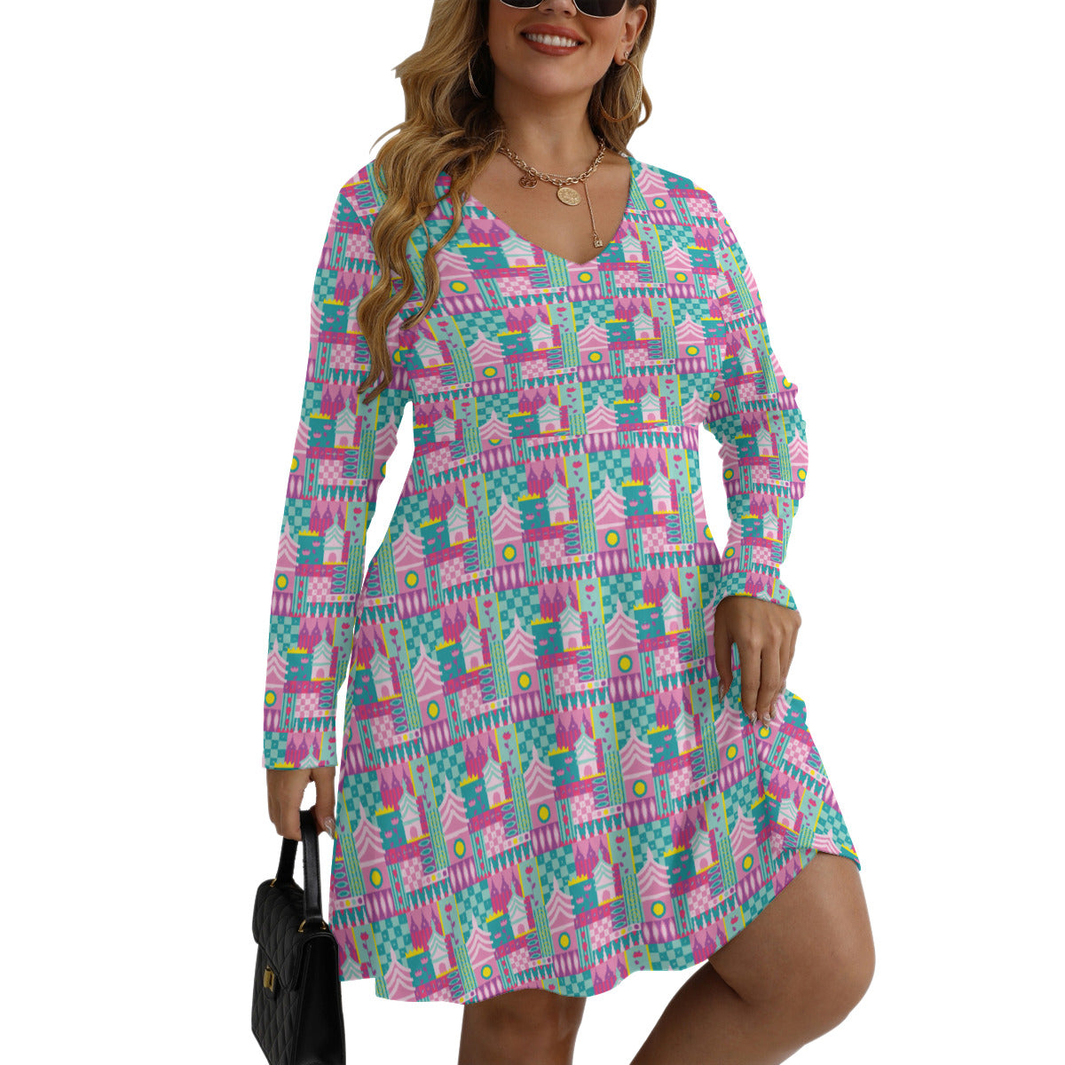 Small World Plus Size Women's V-neck Long Sleeve Dress