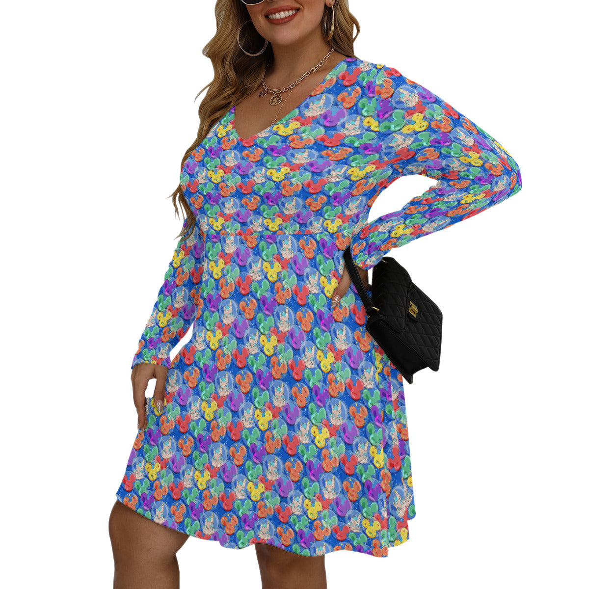 Balloon Collector Plus Size Women's V-neck Long Sleeve Dress